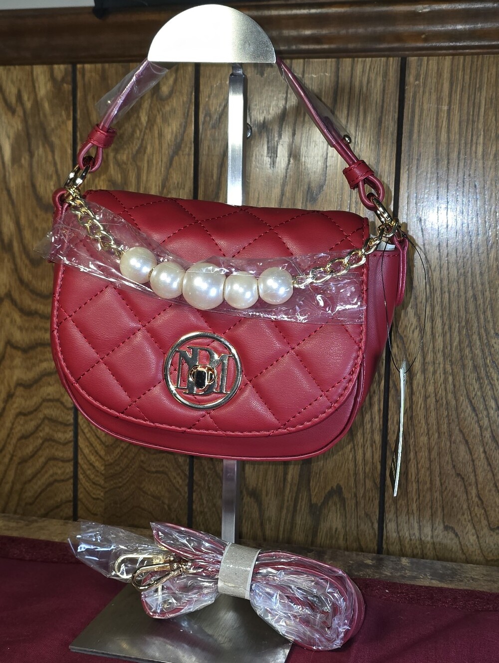 Badgley Mischka Quilted Pearl-Accent Red Crossbody Bag